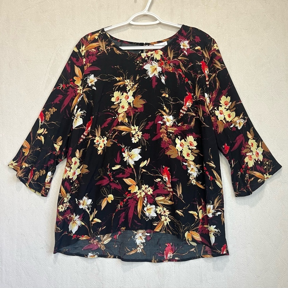 J. Jill Dark Floral Bird Tropical Blouse Sz L 3/4 Flare Sleeves Black Moody